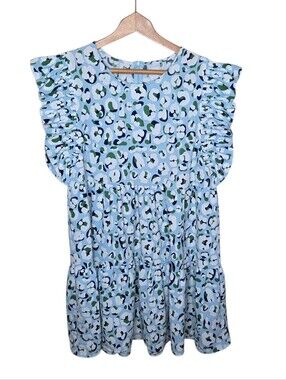 Michelle McDowell Blue Green White Leopard Ruffle Sleeve Dress